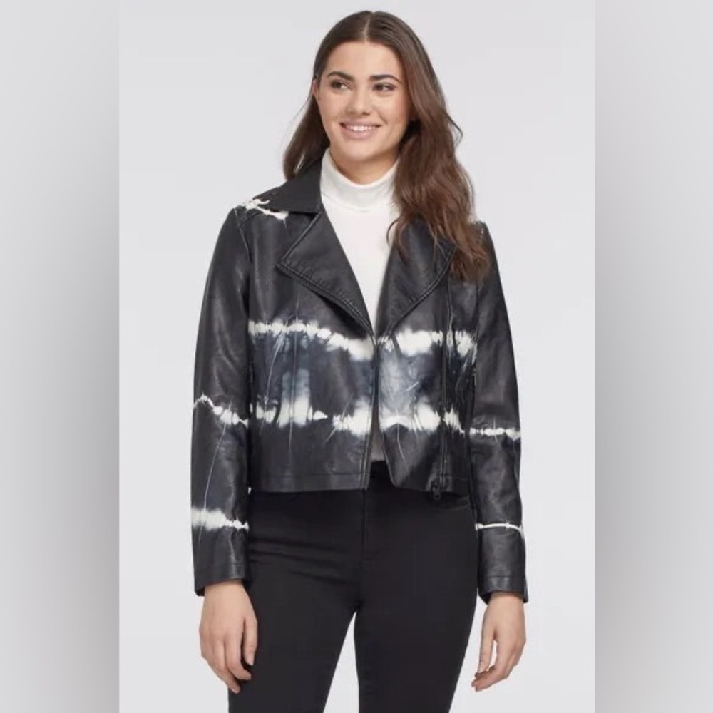 Tribal Women’s Black White Tie Dye Print Faux Vegan Leather Jacket Sz S NWT